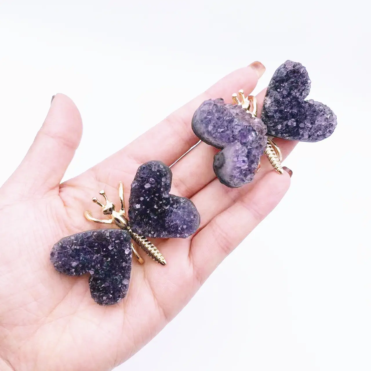Natural crystal amethyst geode metal butterfly carved small feng shui folk crafts healing souvenirs stones