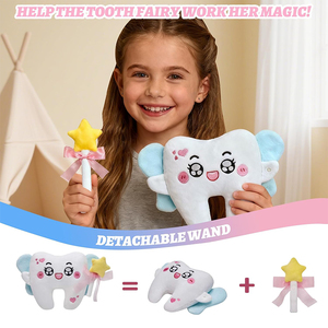 Cuscino Fatina dei Denti di Alta Qualità, Bambola di Peluche della Fatina dei Denti per Bambine con Bacchetta Staccabile, Fiocco e Tasca, Regalo per Denti Perduti - Product Image 5