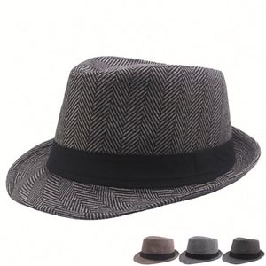 Chapeau Fedora Unisexe Style Britannique à Chevrons Rayés pour l'Automne et l'Hiver – Idéal pour l'Extérieur, Tendance et Chaud - Product Image 1