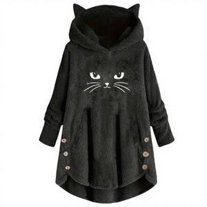 Women's Casual Spring Autumn Winter <b>Plush</b> Letter Animal Print <b>Cat</b> Ears Hooded Sweatshirt Long-Sleeved Flannel Pullover - Product Image 3