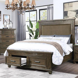 Lit avec tête de lit rembourrée et commode assortie, ensemble de meubles de chambre à coucher en bois rustique brun - Product Image 2