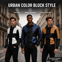 Veste en cuir PU personnalisée pour homme, color block, col rabattu, fermeture éclair avant, coupe régulière, streetwear urbain, vente en gros, stock disponible