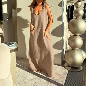 <span class=keywords><strong>Abito</strong></span> Lungo Estivo da <span class=keywords><strong>Donna</strong></span> in Cotone e <span class=keywords><strong>Lino</strong></span>, Senza Maniche, con Scollo a V e Spalline, Colore <span class=keywords><strong>Nero</strong></span> - Product Image 3