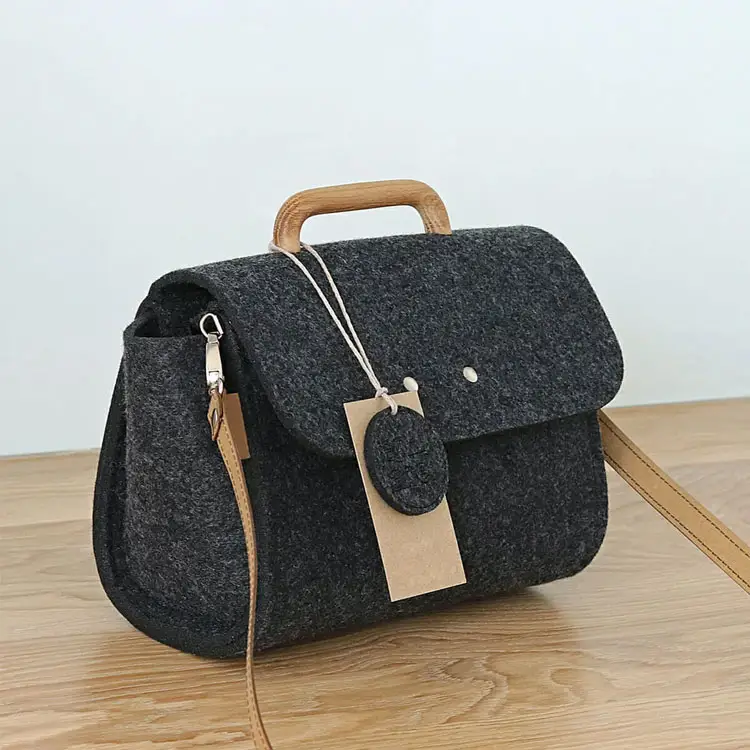 Limited Edition Graphite Elegant Felted Shoulder Messenger Tote Bag with Wooden Handle