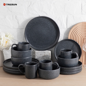 Service de table en céramique grès noir et gris classique de luxe, 16 pièces, pour 4 personnes, avec tasses, compatible lave-vaisselle, échantillon disponible - Product Image 1