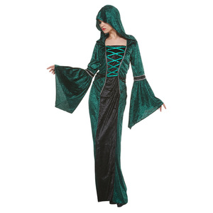 Disfraz de Mago Renacentista Verde para Mujer, Manga Larga, con Capucha, de Poliéster, para Fiesta de Disfraces - Product Image 1