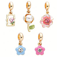 Breloques florales en alliage plaqué or, série fleur, émail, rose, perle, pour la fabrication de bijoux DIY, bracelets et colliers