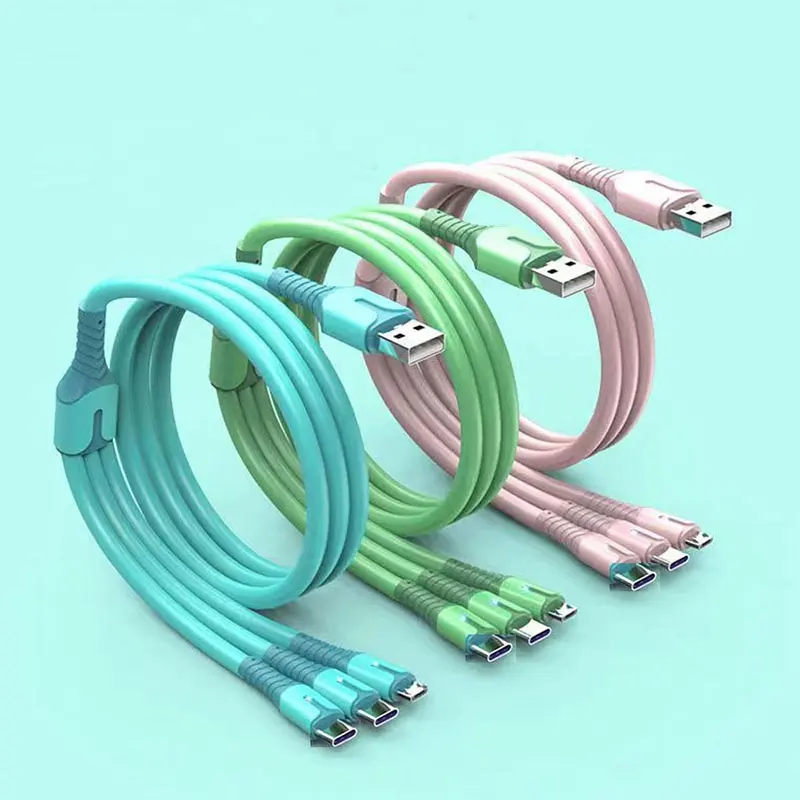 Best Selling Liquid Silicone 3 in 1 USB Charger Cable Colorful 3A Fast Charging Data Cables Wholesale Cell Phone Charging Cable
