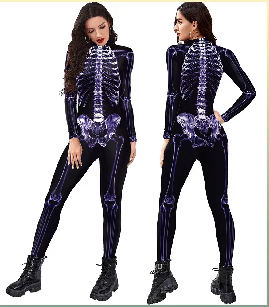 Kostum panggung cetak pria dan wanita kostum One Piece, Romper Halloween Polyester cetak Digital Set kerangka lucu 3D