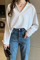 5801 # nouveau automne Style coréen Blouse ample à manches longues col en v chemise blanche bureau femmes Blouses coton bas hauts