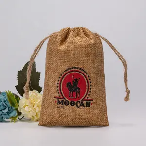 Custom Logo Printed Burlap Hessian Coffee Gift Drawstring Jute Gunny Pouch Brown Cotton String Jute Bag