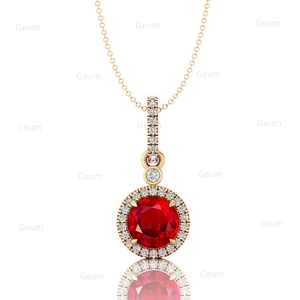 Único Lab Grown Ruby July Birthstone Halo Solitaire colgante collar para mujer 14K oro rosa forma redonda diamantes colgantes ODM - Product Image 3