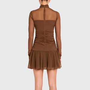 Women High Neck Mesh Mini <b>Dress</b> Long Sleeve Ruched Waist Sheer Mesh Pleated Hem Bodycon <b>Dress</b> <b>Custom</b> Logo - Product Image 2