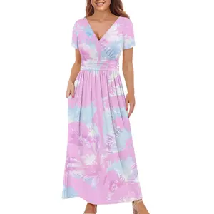 Custom Text Elegant Polynesia Clothing Long Dress Female Sexy Deep V-neck Beach Dresses Long Sleeve Maxi Dress Tye Dye Slim Fit