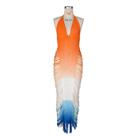 Robe moulante en polyester tricoté de haute qualité, à col licou et décolleté plongeant, ajourée, à effet dégradé, pour femme, cache-maillot de plage