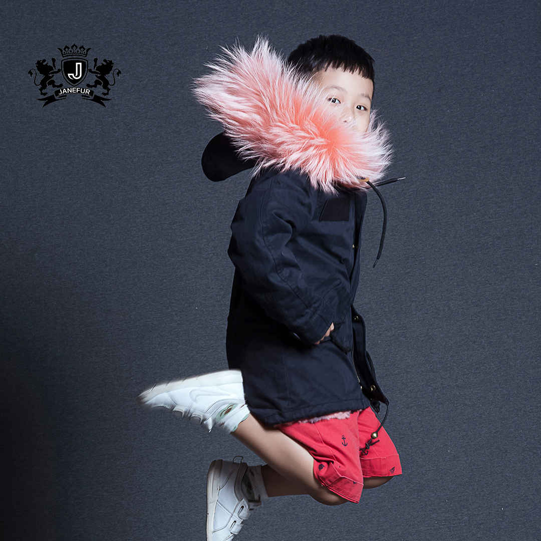 Latest Style Kids Fur Parka Denim Shell faux Fur Lined Fur Jacket Children Fashion Coat