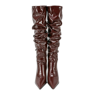 Bottes hautes plissées à talon compensé épais pour femme, coupe large, avec fermeture éclair latérale, grande taille 45 - Product Image 5