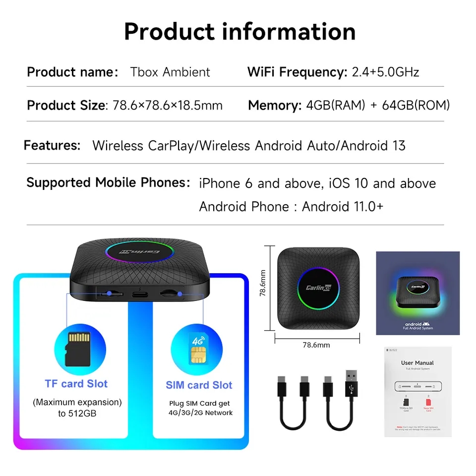Carlinkit Tbox Plus LED 4+64GB Android 13 Car Box for AI