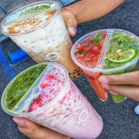 Hete Vulling Pp Fles Bubble Boba Thee Split Cup Met Deksel Wegwerp Snackbak Salade Fruit Lade Delen Cup Plastic Beker Met Dienblad Deksel