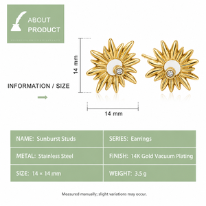 Boucles d'oreilles clous Sunburst, en acier inoxydable avec placage sous vide or 14 carats, boucles d'oreilles sculpturales à centre blanc, couleur or et argent - Product Image 3