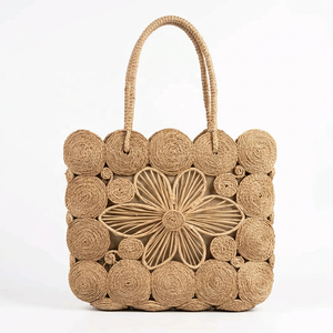 Handwoven Straw <b>Tote</b> Bag Floral Hollow Out Rope Shoulder Handbag Bohemian Woven Carryall for Beach Travel - Product Image 1