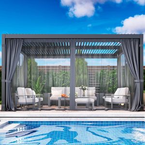 Pergola à lames orientables 12' x 16', pergola d'extérieur avec rideaux et moustiquaire, pergola <span class=keywords><strong>de</strong></span> patio en métal, gazebo en métal à toit rigide pour patio, terrasse - Product Image 5