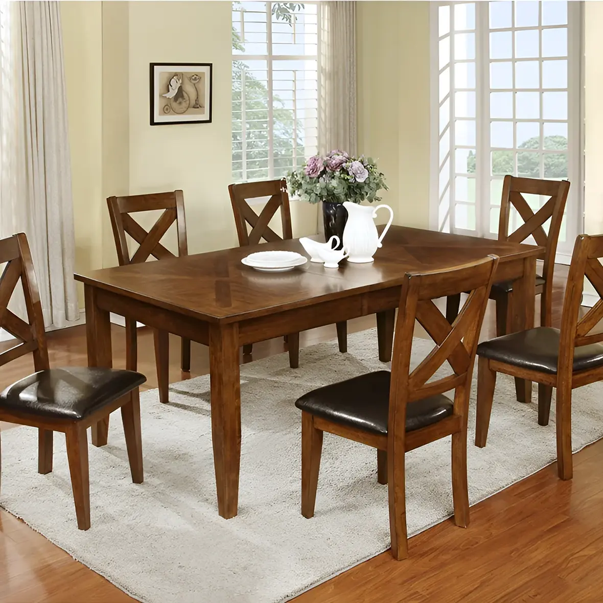 7-Piece Modern yemek masası seti MDF ahşap tarzı otel veya mutfak ev kullanımı için geniş ve rahat koltuklar sağlayan