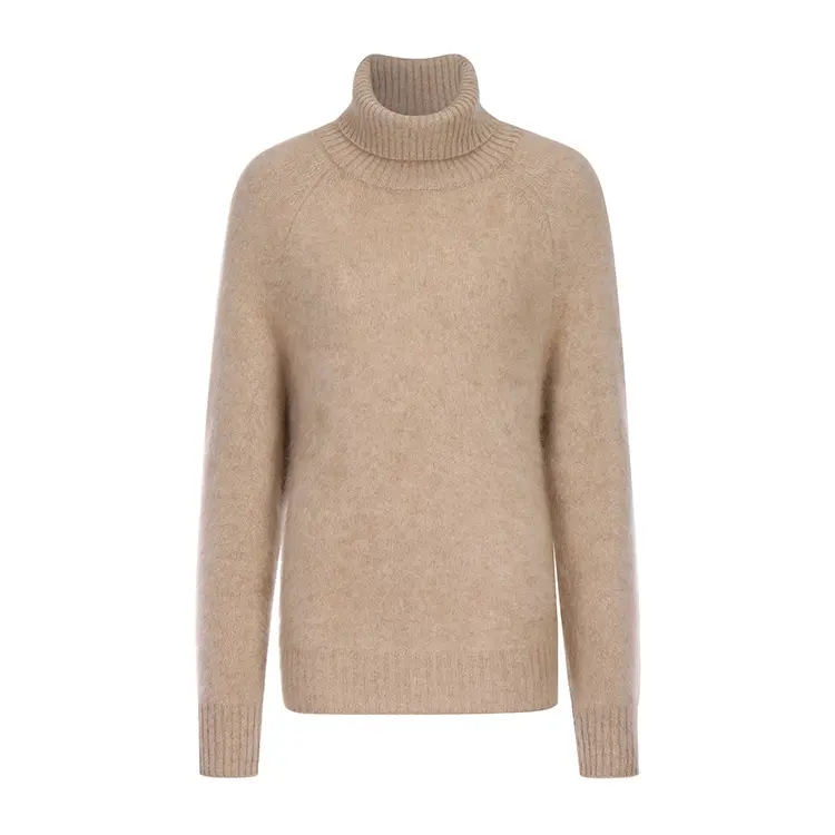Knitwear manufacturers custom winter khaki turtleneck warm casual cashmere fluffy sweater women knit sweater