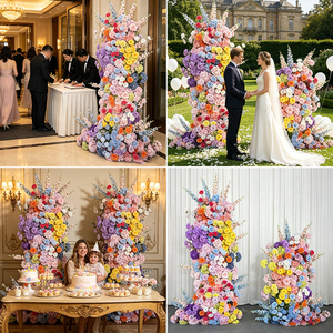 Par de Columnas de Flores Artificiales con Degradado Arcoíris Pastel y Diseño Floral Mixto para Fondo de Bienvenida de Boda - Product Image 4