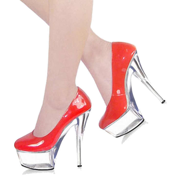 Red round head thin heel 15 cm crystal transparent platform sexy banquet wedding high heels transvestite large women's shallow m