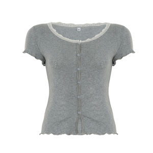 Blusa de punto dulce con cuello redondo, inserción de encaje y botones frontales, ajuste entallado, estilo calado, estilo femenino - Product Image 5