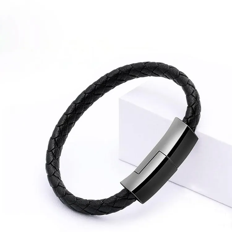 Wholesale Fast Charger 2020 New For Men Custom Black Leather Bracelet USB Charger Cable For Mobile phone Charging Data Line
