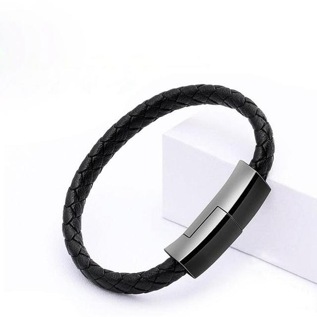 Wholesale Fast Charger 2020 New for Men Custom Black Leather Bracelet USB Charger Cable for Mobile Phone Charging Data Line
