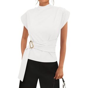 Women Blouse Cap Sleeve Mock Neck Wrap <b>Tie</b> Buckle Top Work Business Casual Poplin Elastic Fit - Product Image 1