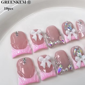 10 Uds forma de pico de pato prensa corta en puntas Icy Blush <span class=keywords><strong>manicura</strong></span> <span class=keywords><strong>francesa</strong></span> <span class=keywords><strong>con</strong></span> acentos de lazo dulce uñas postizas rosas hechas a mano - Product Image 5