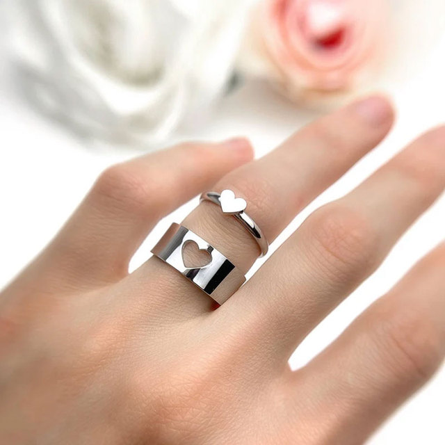 Couple Matching Ring Set Gold Plated Brass/Stainless Steel Open Wide Band Heart Cutout Dainty Pendant Romantic Jewelry Gift