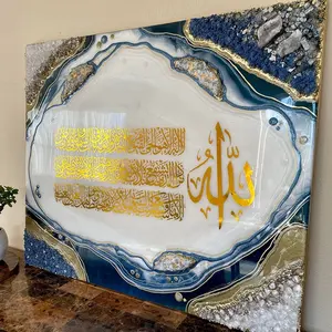 Arte moderna de parede em resina fluida islâmica, grande, luxuosa, caligrafia árabe, arte geodémica 3D, decoração de parede, caligrafia árabe