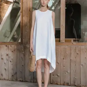 女式不对称实心宽松圆领Midi休闲无袖纽扣高品质设计服务纯亚麻100% 白色连衣裙