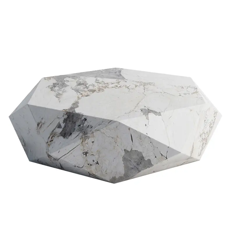 Mesa de centro con forma de diamante irregular para sala de estar moderna Fábrica de piedra sinterizada Venta caliente Color de imagen de vidrio blanco y negro