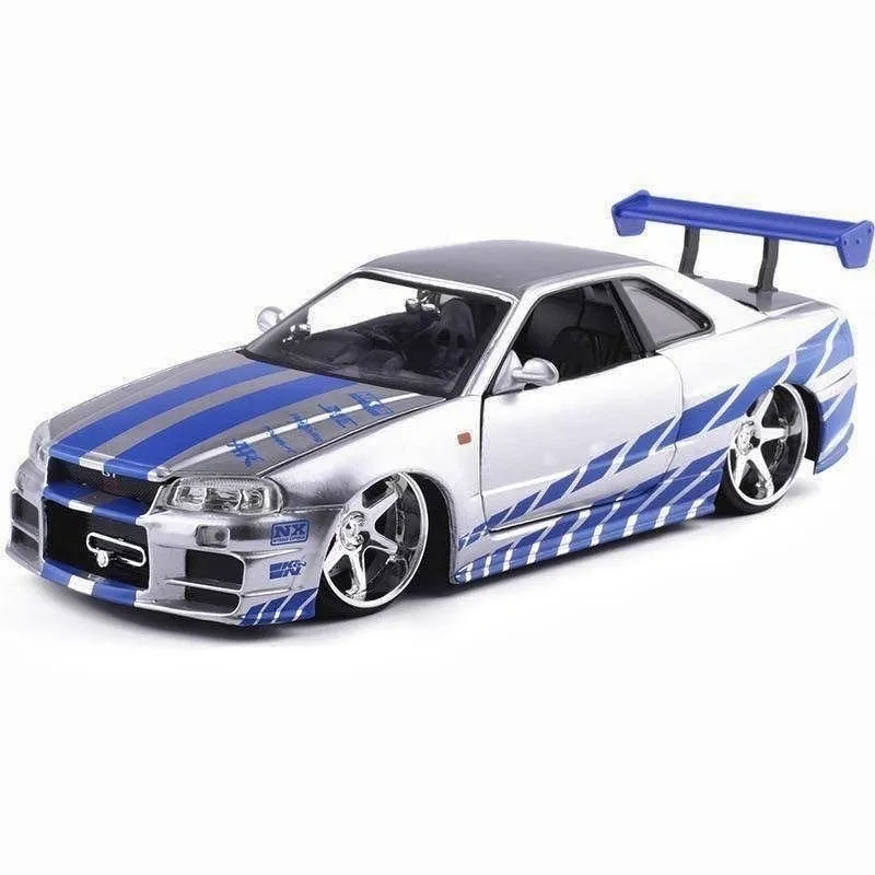 โมเดลรถ1:24รถโมเดลรถ Nissan GTR R34ได้อย่างรวดเร็วและประตู furiou เปิดการแสดงผลของตกแต่งโมเดลรถของเล่นโลหะ