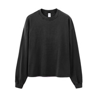T-shirt à manches longues style américain, coupe ample, effet vieilli, en coton pur 270g, style vintage