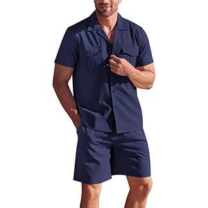 Set da <span class=keywords><strong>uomo</strong></span> in <span class=keywords><strong>lino</strong></span> a 2 pezzi camicia con bottone a maniche corte e pantaloncini estivi abiti da <span class=keywords><strong>spiaggia</strong></span> Casual - Product Image 4