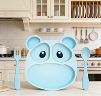 Ensemble de vaisselle pour enfants en silicone multi-compartiments, design ours de dessin animé, fourchette cuillère non toxique |   Résistant à la chaleur, compatible lave-vaisselle