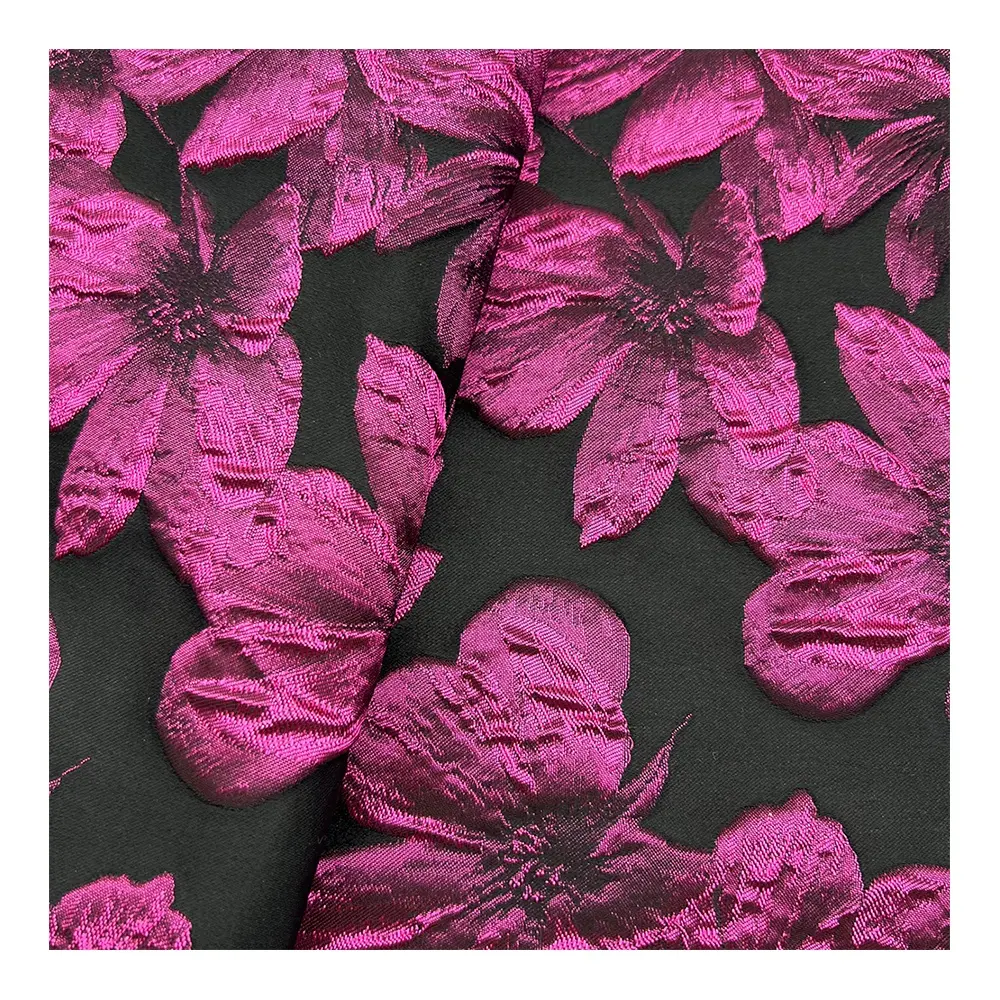 친환경 패션 100 폴리 에스테르 빨강 및 검정 원사 염색 우아한 3D 꽃 브로케이드 자카드 질감 직물 숙녀 원피스