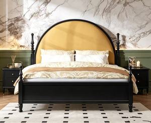 Premium <b>Queen</b> <b>Size</b> Black Wood Spindle <b>Bed</b> With Yellow Arched Upholstered Headboard For Bedroom - Product Image 1