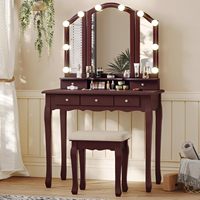 Table de maquillage avec miroir LED et tiroirs, coiffeuse blanche avec miroir éclairé, bureau et chaise de coiffeuse