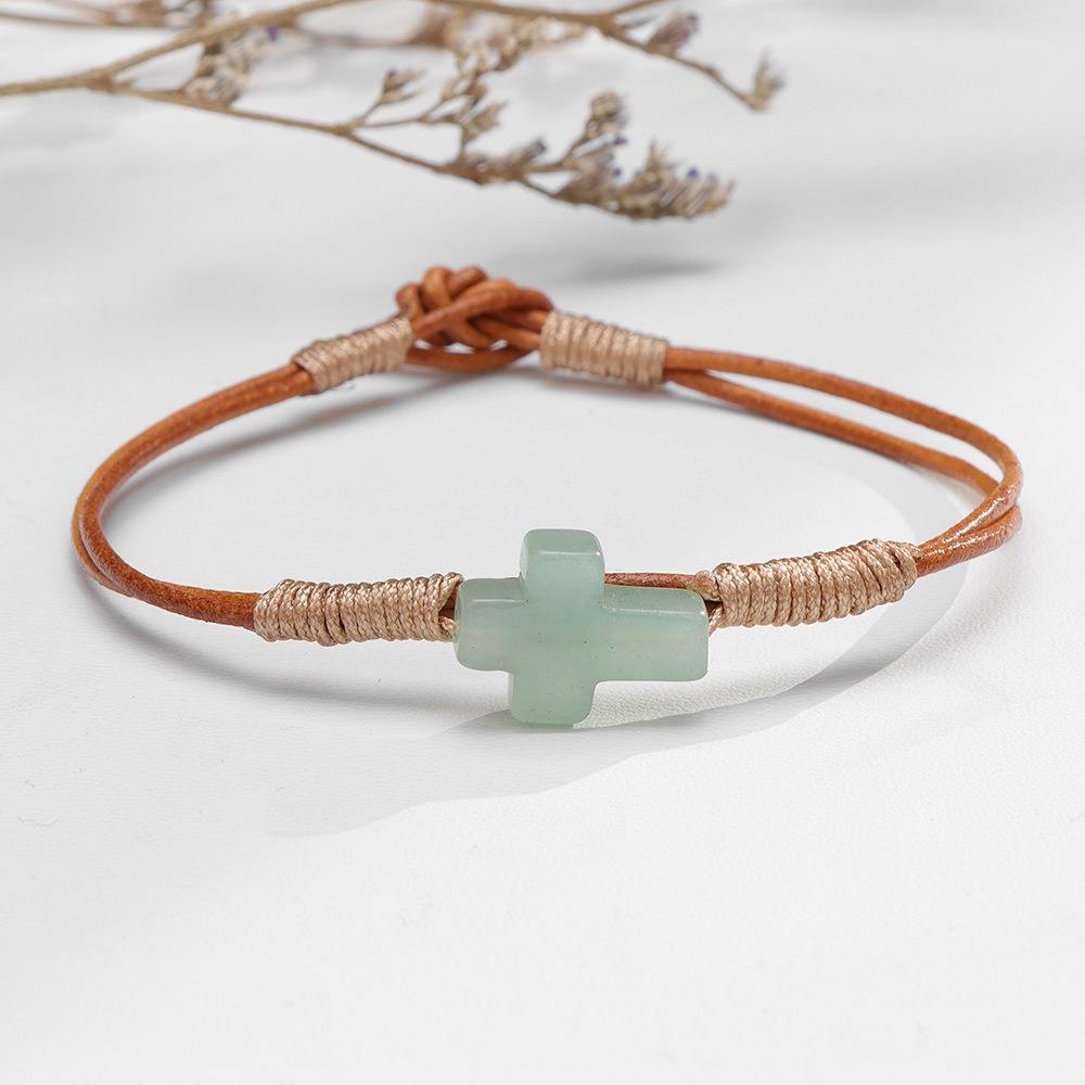 Minimalist Stretch Adjustable Brown Rope Natural Agate Jade Stone Blessing  Cross Bracelet for Women Men