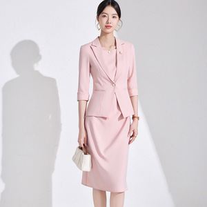 Women's Suit Set Navy Blue Three Quarter Sleeve Blazer And Skirt Anti Wrinkle Solid Color Professional Workwear - Product Image 2