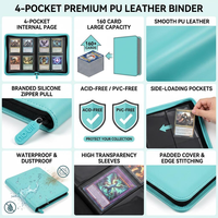 Porte-cartes Premium en cuir PU lisse bleu sarcelle à 4 pochettes, finition unie, avec fermeture éclair, pour cartes de sport, TCG, MTG