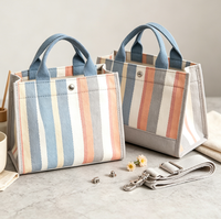 Sac fourre-tout en toile recyclable à rayures colorées avec poignée non tissée longue, petite taille pour femme, usage quotidien et PC